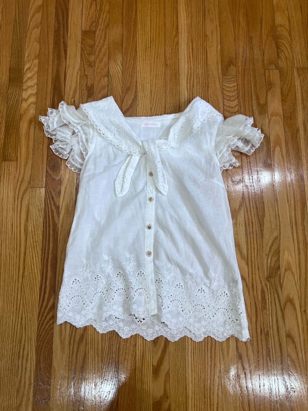 LIZ LISA White Eyelet Sailor-Collar Kids Dress with Ruffled Sleeves